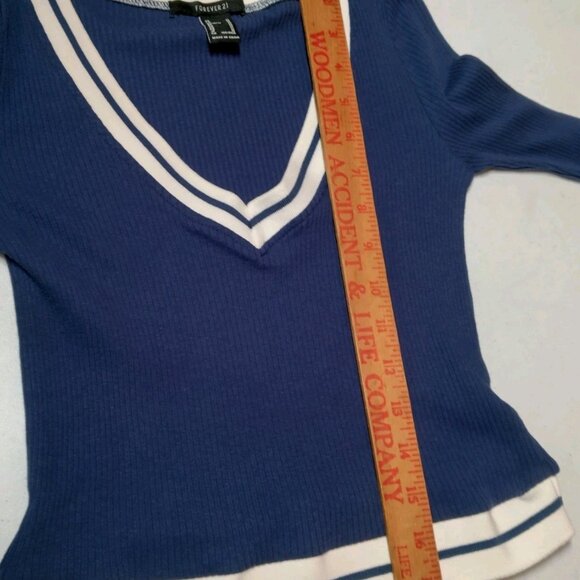 Forever 21 Shirt Juniors Medium Baby Crop Top Ribbed Blue Varsity Academia Y2K - Picture 8 of 16